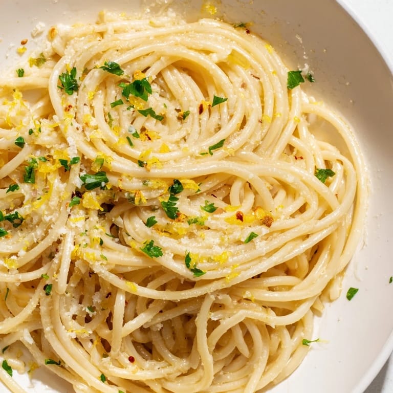 A close-up view of Garlic Butter Noodles, glistening with butter and parmesan cheese, a quick vegetarian main.