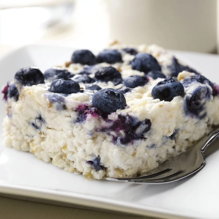 A close-up shot of a creamy, high-protein Blueberry Cottage Cheese Bake with juicy berries.