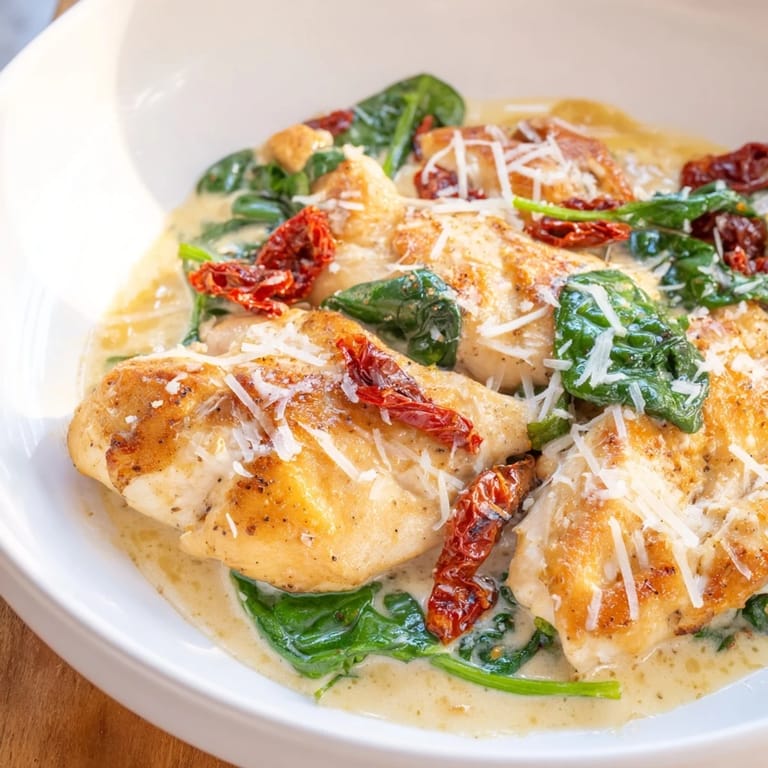 Golden-brown chicken breasts in creamy sauce with spinach, showcasing the Creamy Tuscan Chicken recipe.