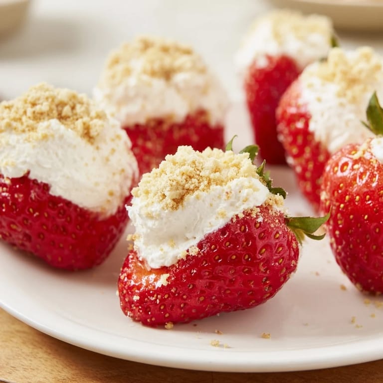 Sweet Cheesecake Stuffed Strawberries: ripe, juicy berries stuffed with cheesecake and coated in graham crumbs.