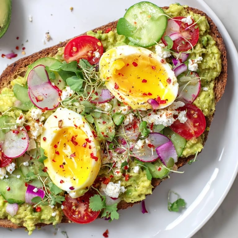 Brightly colored loaded avocado toast with a jammy egg and fresh, crunchy vegetables.