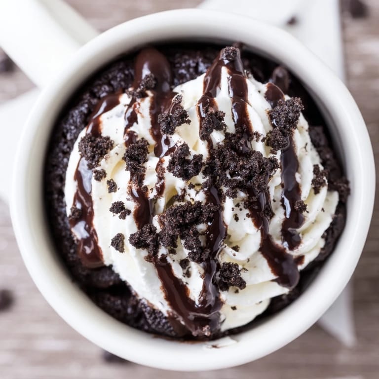A single serving of fluffy Oreo mug cake, ready to eat with optional whipped cream topping.