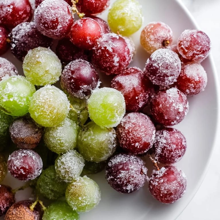 Sweet, frozen grapes, coated with sugar, ready to be enjoyed as a cool summer treat.