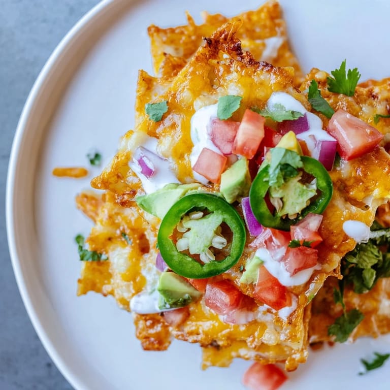 Cheesy pasta chips nachos with a medley of colorful toppings, a fantastic vegetarian recipe to enjoy.
