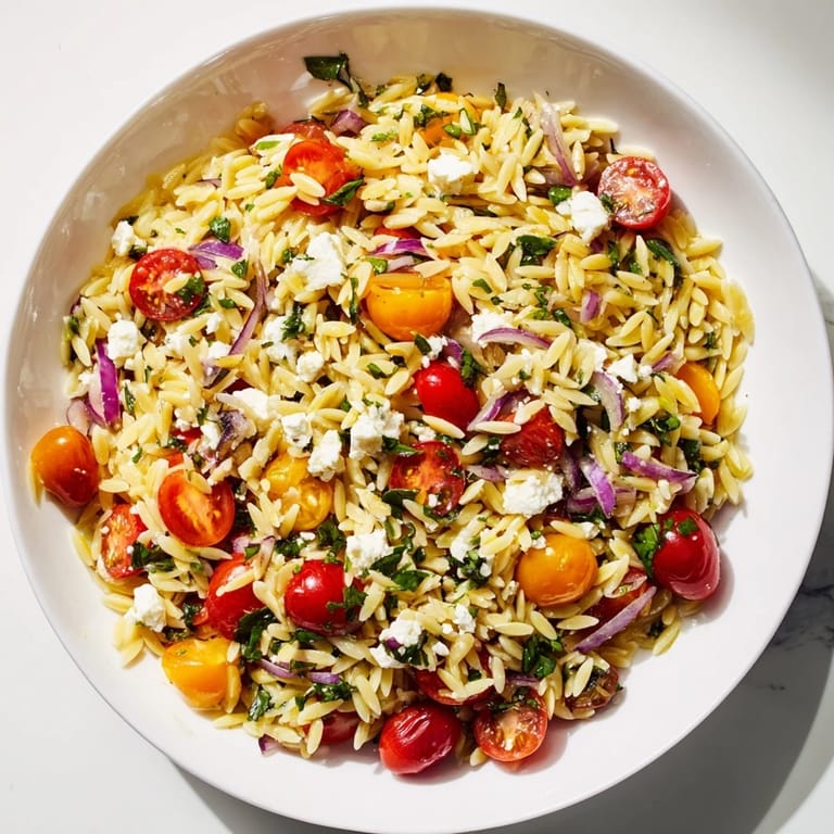 Tossed Tomato Feta Orzo, ready to serve, with visible feta, herbs, and glistening dressing.