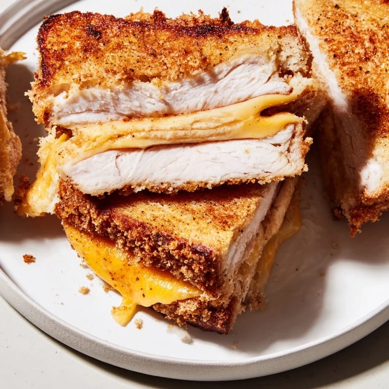 Layers of juicy pork chop slices nestle inside a warm, buttery Crispy Panko Pork Chop Grilled Cheese sandwich.