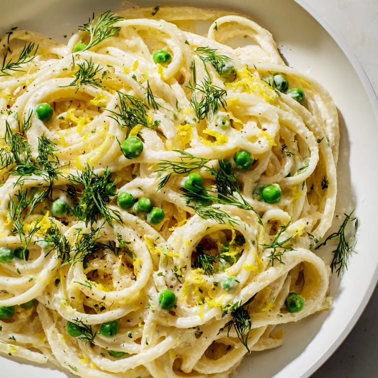 A steaming plate of Creamy Dill Pasta, garnished with fresh herbs, is ready to be enjoyed.