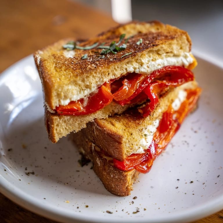 A close-up of a warm, cheesy Roasted Red Pepper Grilled Cheese sandwich, ready to be sliced and enjoyed.