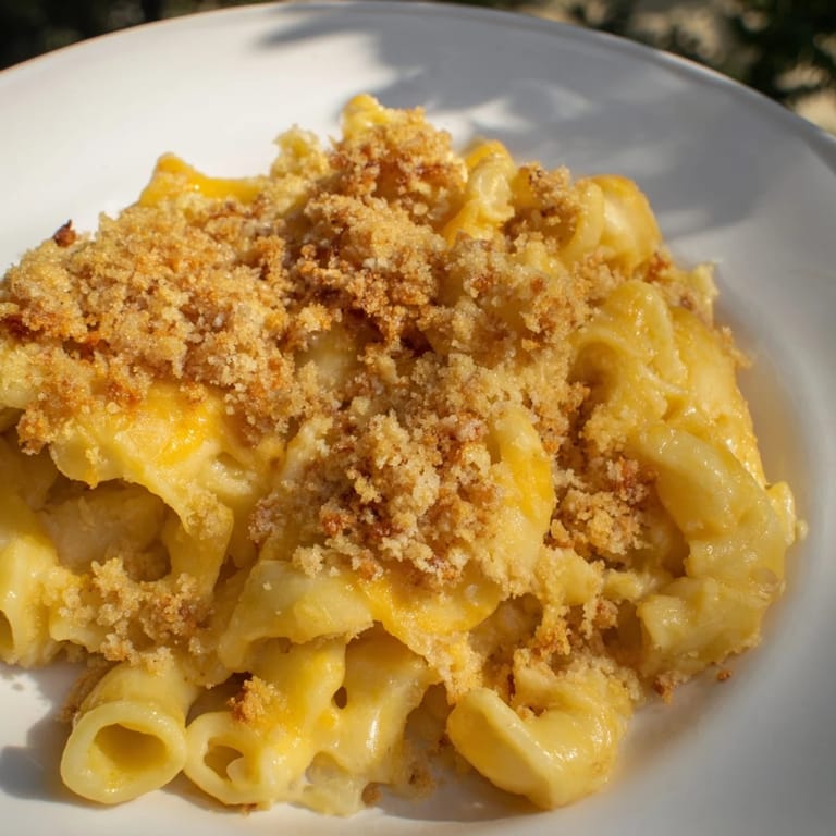 A close-up of creamy, homemade mac and cheese, coated in melted cheese and served hot.