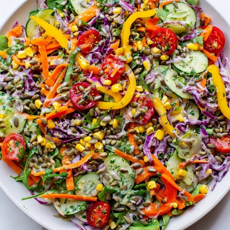 Vibrant Rainbow Salad: imagine the crisp textures of fresh vegetables drizzled with tangy dressing for a light lunch.