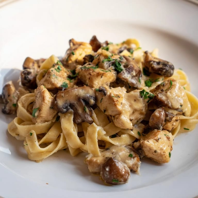 Golden chicken and tender mushrooms mingling in the delicious Creamy Mushroom Chicken Pasta, a savory delight.