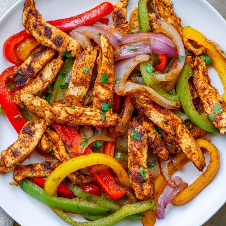 A close-up of delicious Sheet-Pan Chicken Fajitas, filled with chicken, vegetables, and ready to serve.