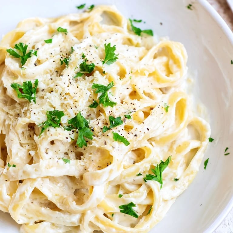 Homemade Cottage Cheese Alfredo Sauce with garlic aroma, a lighter take on the classic Alfredo.