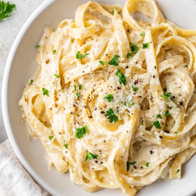 Silky smooth Cottage Cheese Alfredo Sauce being poured over hot pasta, perfect for dinner tonight.