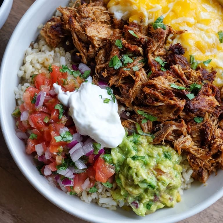 A delicious Chipotle Burrito Bowl Copycat, piled high with savory carnitas, vibrant salsa, and creamy queso.