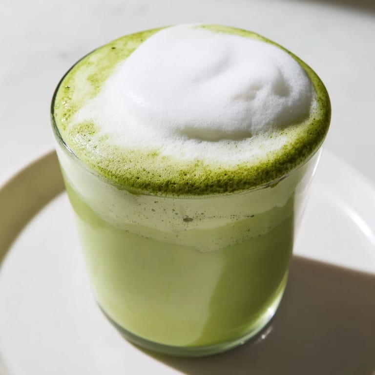 A close-up of a vibrantly green creamy matcha latte, ready to sip and enjoy.