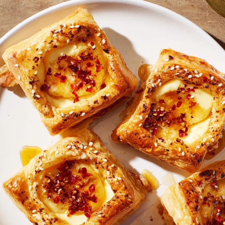 A close-up shot of baked Chili Crisp Honey Brie Bites, showcasing the flaky pastry and spicy-sweet flavors.
