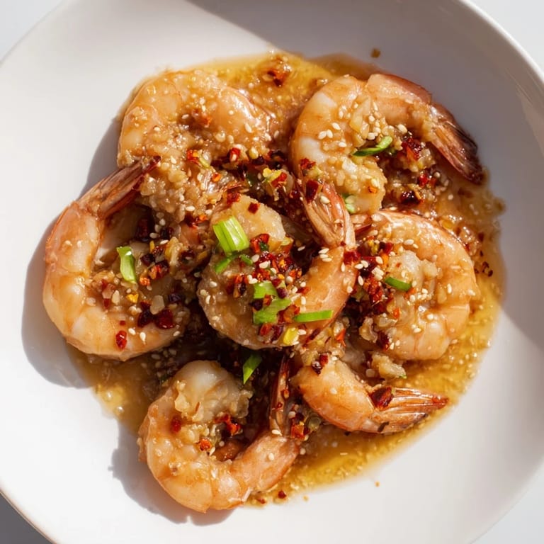 Close-up of freshly cooked Korean Garlic Butter Shrimp, garnished and ready to serve beautifully.