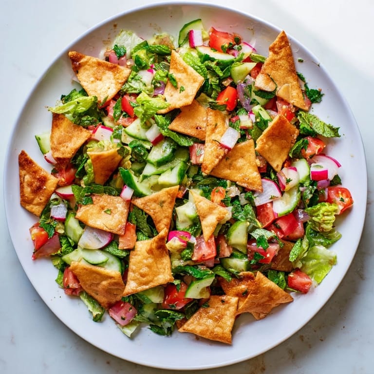 Crisp, refreshing Lebanese Fattoush Salad with vibrant tomatoes, herbs, and a tangy sumac dressing—delicious!