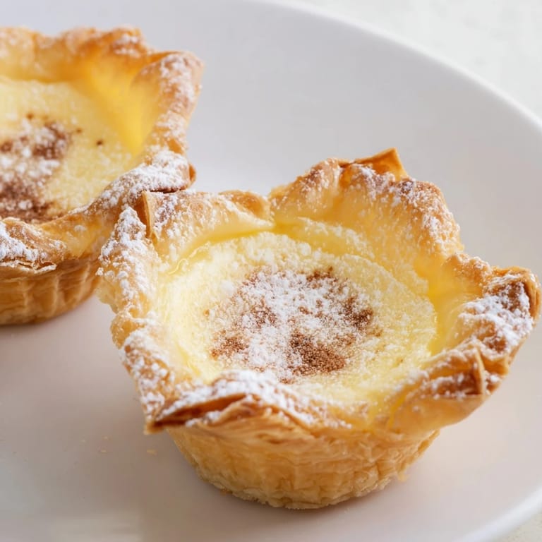 Warm Portuguese egg tarts, with a perfectly baked, silky custard spilling from crispy phyllo pastry cups.