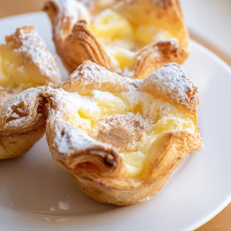 A close-up of delicious Portuguese egg tarts dusted with cinnamon and powdered sugar, a perfect dessert.