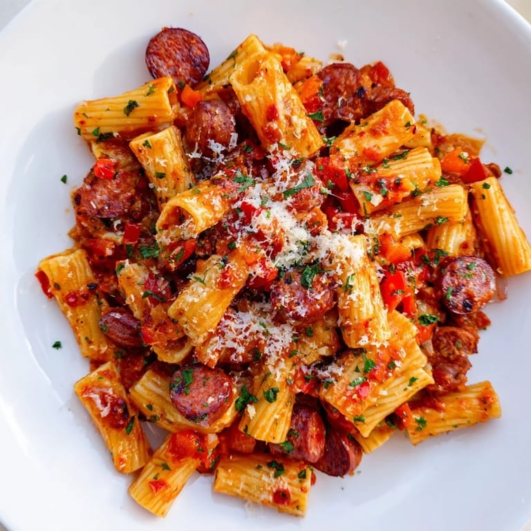 Tender pasta tossed with spicy chorizo for a delicious Spanish chorizo pasta, ready to serve with cheese.