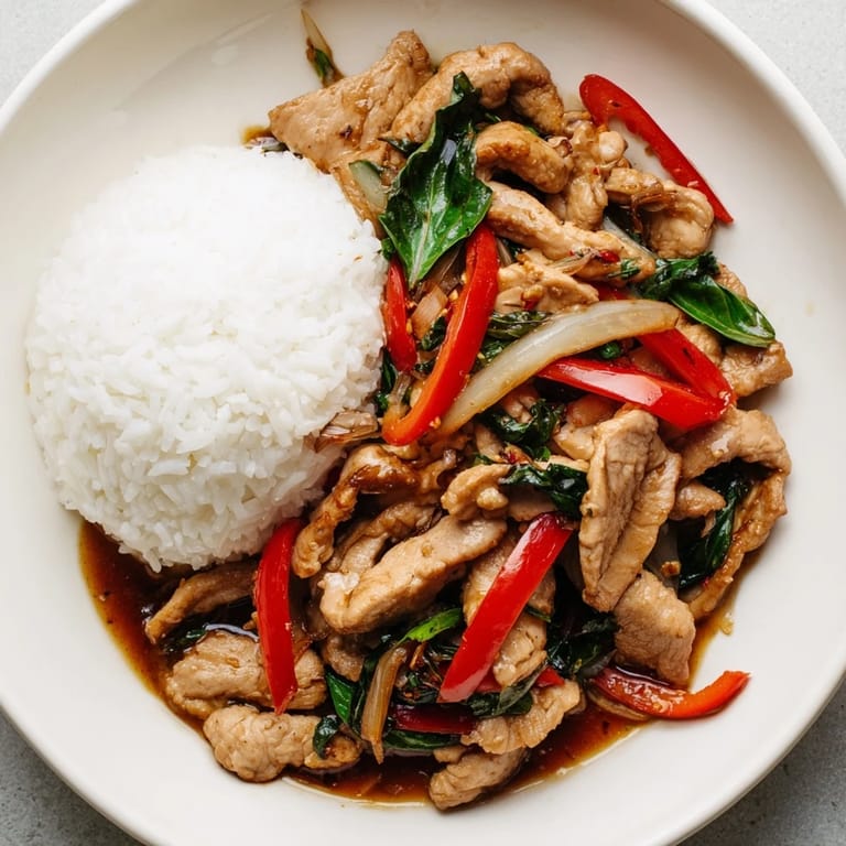 Close-up of a delectable bowl of Thai Basil Chicken, featuring a savory sauce with visible basil leaves.