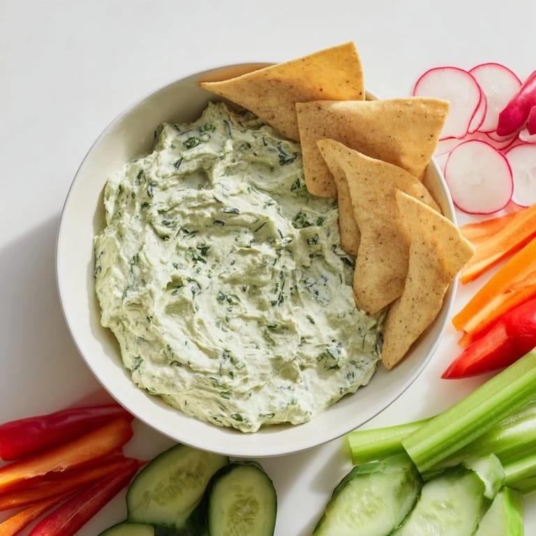 Green Goddess Salad Dip in a rustic ceramic bowl, featuring a rich green hue from basil and parsley, paired with an array of fresh crudités.