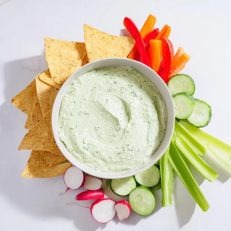 A creamy bowl of Green Goddess Salad Dip, swirled with fresh herbs and lemon zest, ready for dipping with crispy carrot and cucumber slices.