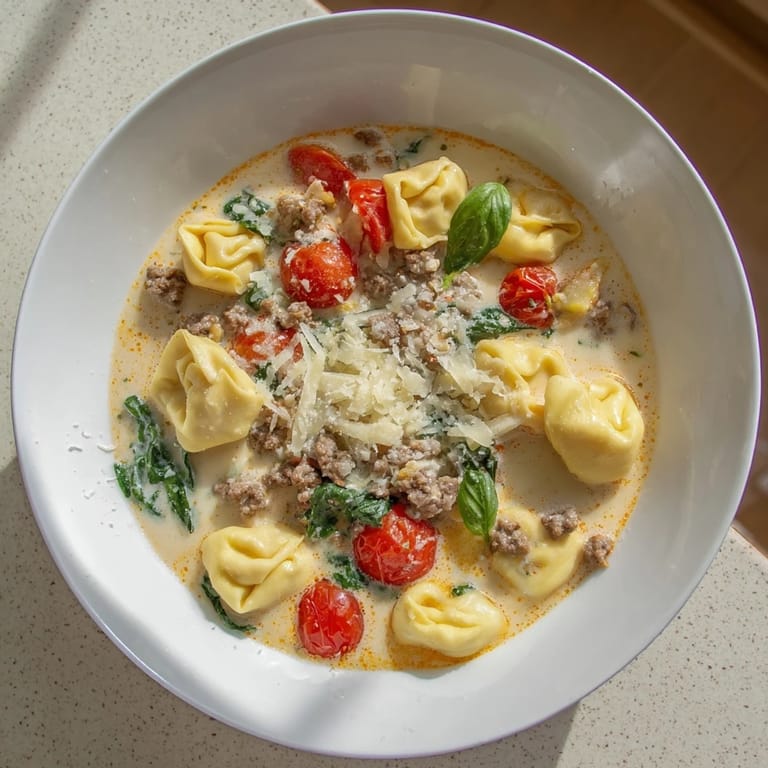 Hearty Tortellini Beef Soup in a rustic mug, served with crusty bread for dipping.