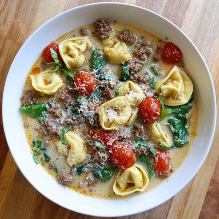 Savory Tortellini Beef Soup garnished with fresh basil and Parmesan, steaming in a white bowl.