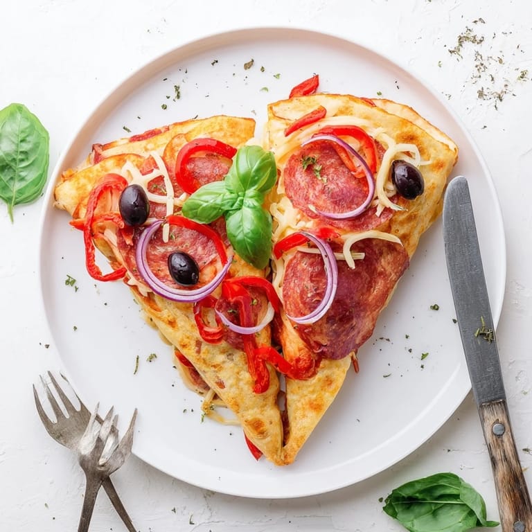 A close-up of a cheesy tortilla pizza wrap being pulled apart, revealing its colorful pepper and onion filling.