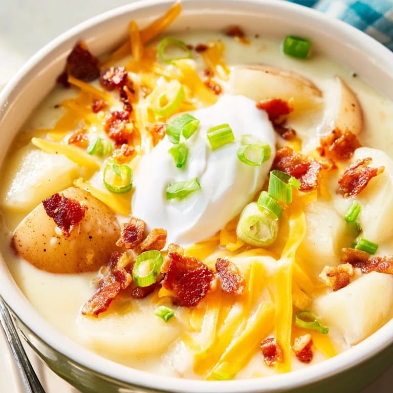 A pot of hearty Loaded Baked Potato Soup simmers, featuring tender potato chunks in a rich, savory broth.
