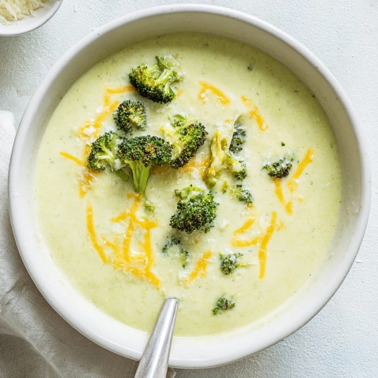 A spoon dips into velvety Broccoli Cheddar Soup, revealing smooth texture alongside crusty bread for dipping.