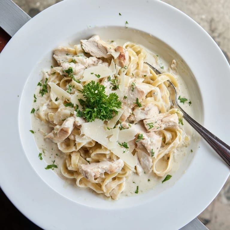 Golden Skillet Chicken Alfredo served hot from the pan, rich Parmesan sauce clinging to fettuccine noodles.
