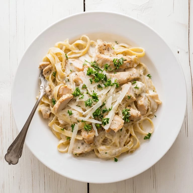 Comforting Skillet Chicken Alfredo recipe for weeknight dinners, topped with extra Parmesan and chopped parsley.