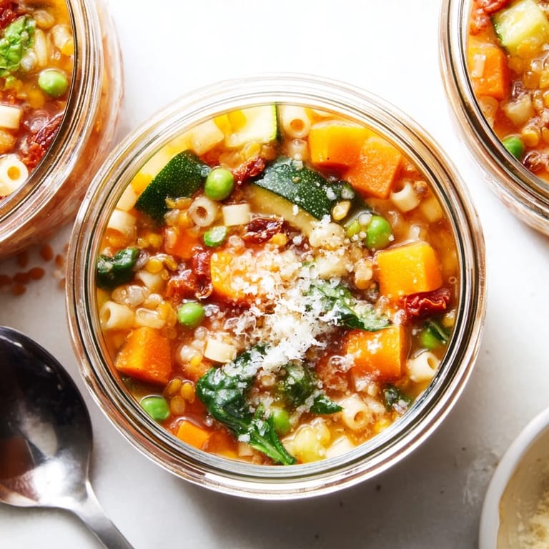 Hearty Minestrone Soup in a jar reveals sun-dried tomatoes and fresh spinach layered for a quick, nourishing lunch.
