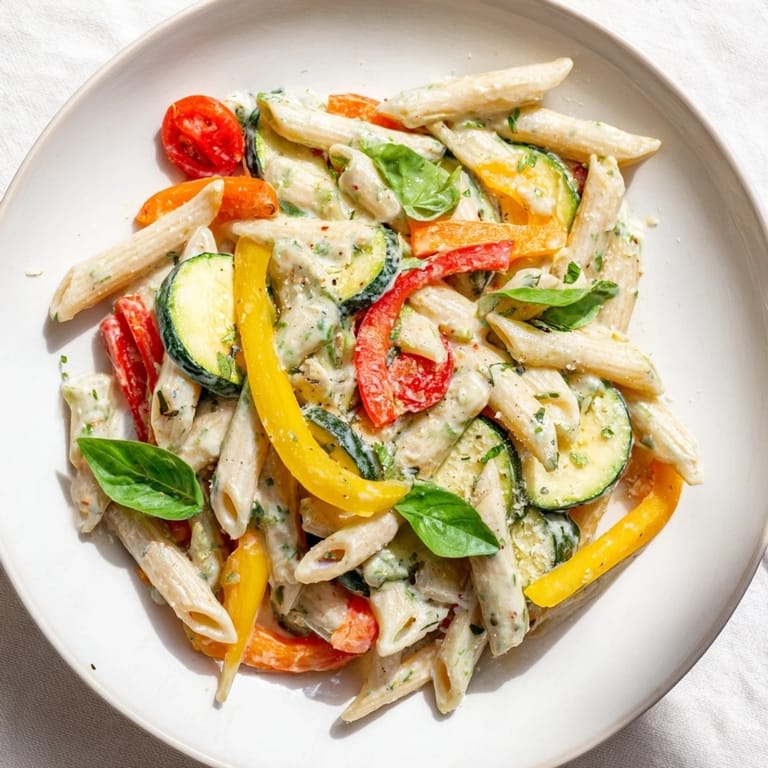A vibrant serving of One-Pot Creamy Pasta Primavera with cherry tomatoes, snap peas, and fresh basil garnish, ready to enjoy from a cozy kitchen counter. 