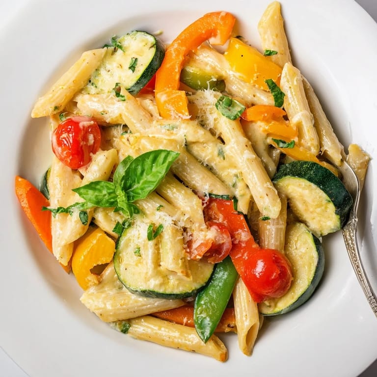 One-Pot Creamy Pasta Primavera featuring colorful carrots and bell peppers simmered together, with a creamy sauce clinging to each forkful for a satisfying vegetarian meal.