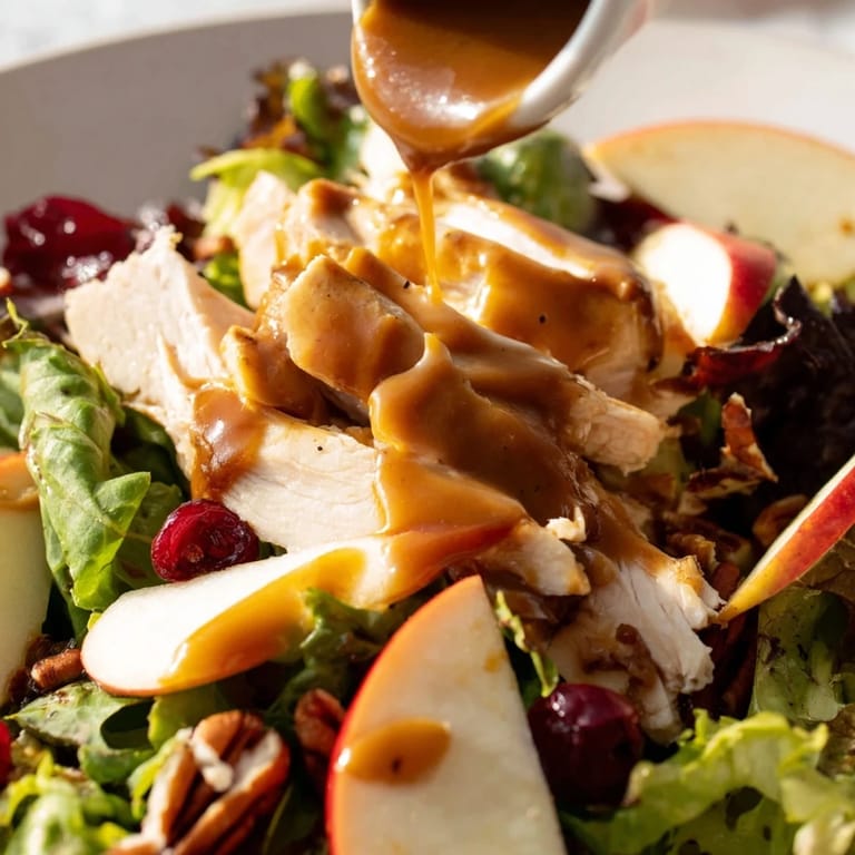 Delicious autumn Caramel Apple Chicken Salad with dried cranberries and toasted pecans, tossed in a sweet-and-tangy maple vinaigrette.
