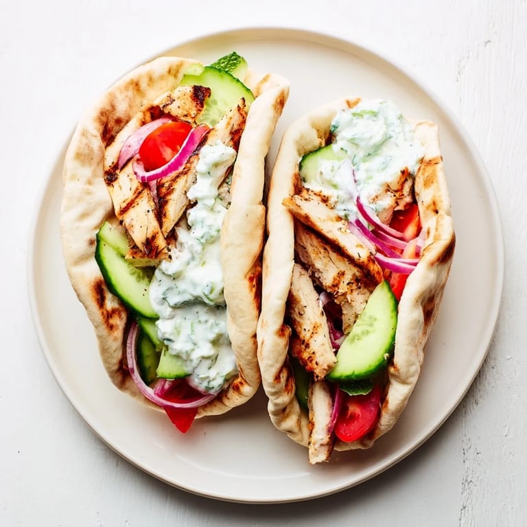 Folded Greek Chicken Wrap filled with charred chicken, cool cucumbers, and diced tomatoes, ready to be enjoyed as a fresh Mediterranean lunch.