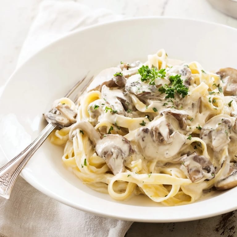 Overhead view of Creamy Mushroom Alfredo dish with sliced mushrooms, ready to serve for dinner.