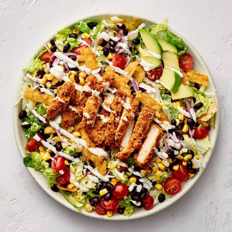 Serving suggestion for Crispy Chicken Taco Salad: a hearty bowl topped with fresh red onions, black beans, and a generous swirl of homemade salsa ranch dressing.