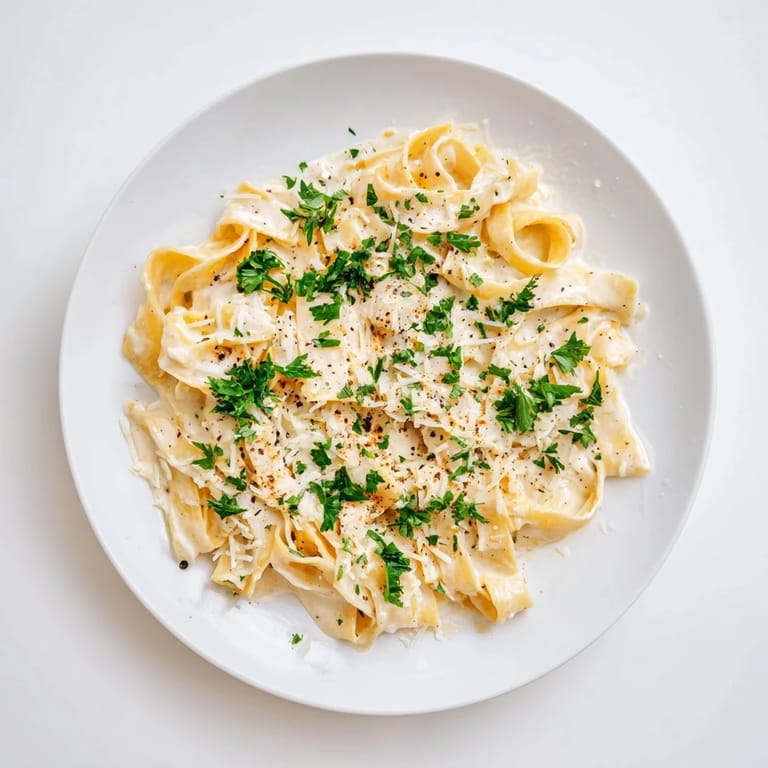 A rustic serving of Roasted Garlic Cream Pasta twirled on a fork, steam rising from the rich, Parmesan-infused sauce, set against a dark wood background.