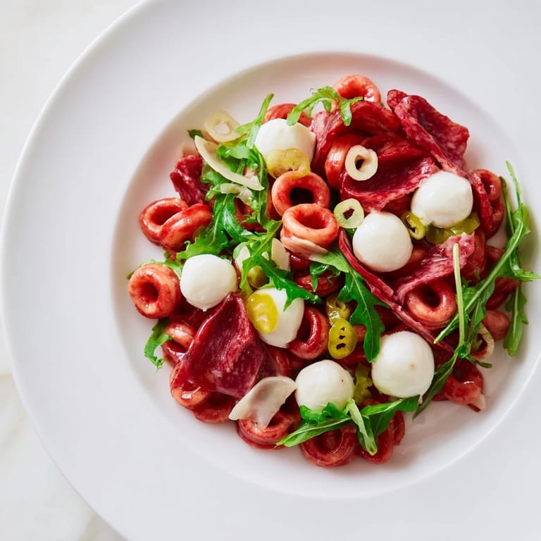 Close-up of Spring Antipasto Pasta Salad tossed with zesty dressing, highlighting colorful ingredients perfect for a sunny outdoor gathering.