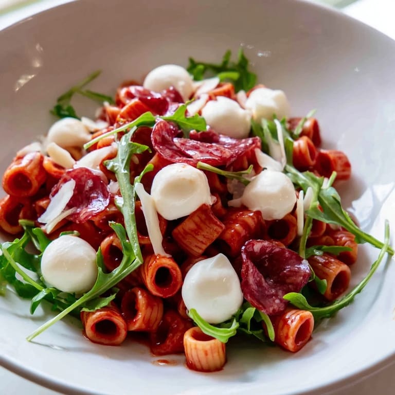 Hearty Spring Antipasto Pasta Salad served in a white bowl, garnished with cherry tomatoes, red onion, and tangy pickled vegetables.