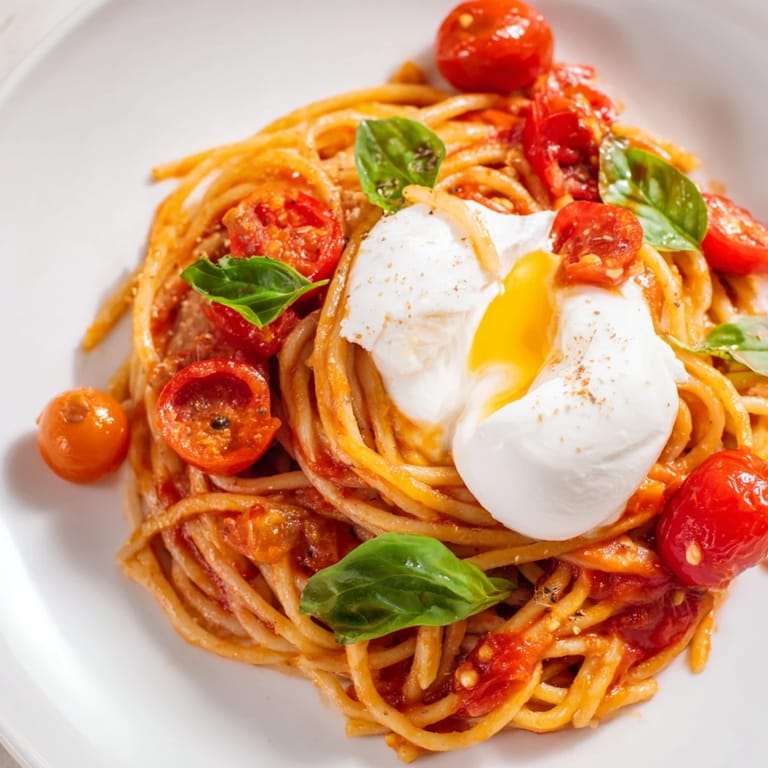 Burrata caprese pasta served on a rustic wooden table, featuring juicy tomatoes, vibrant green basil, and a drizzle of olive oil.