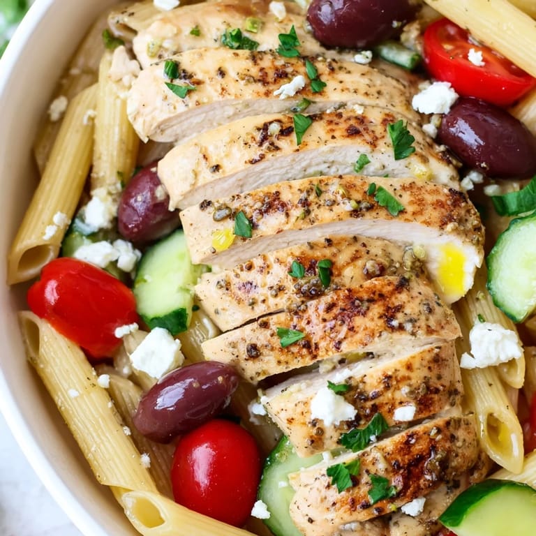 A fresh bowl of Greek Chicken Pasta Bowl featuring sliced cucumbers, Kalamata olives, and vibrant parsley garnish.
