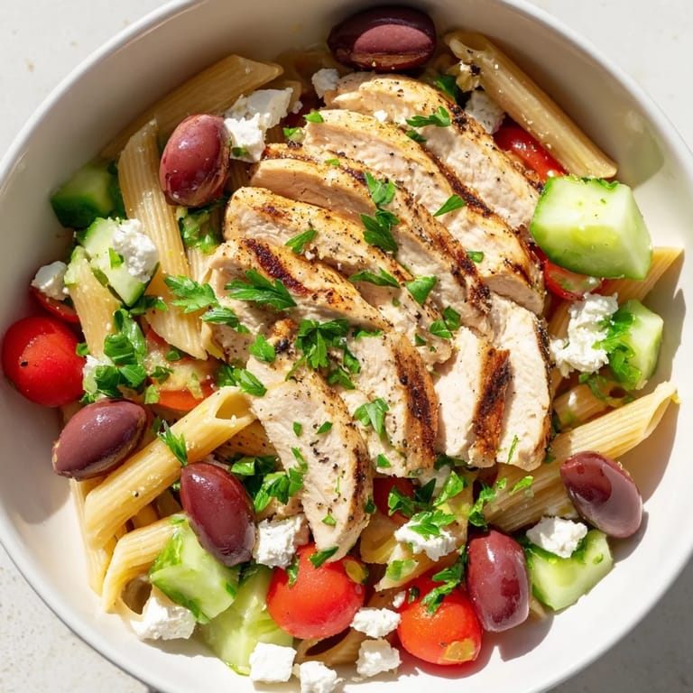 Savory Greek Chicken Pasta Bowl served in a white bowl, tossed with red onion and drizzled with olive oil.