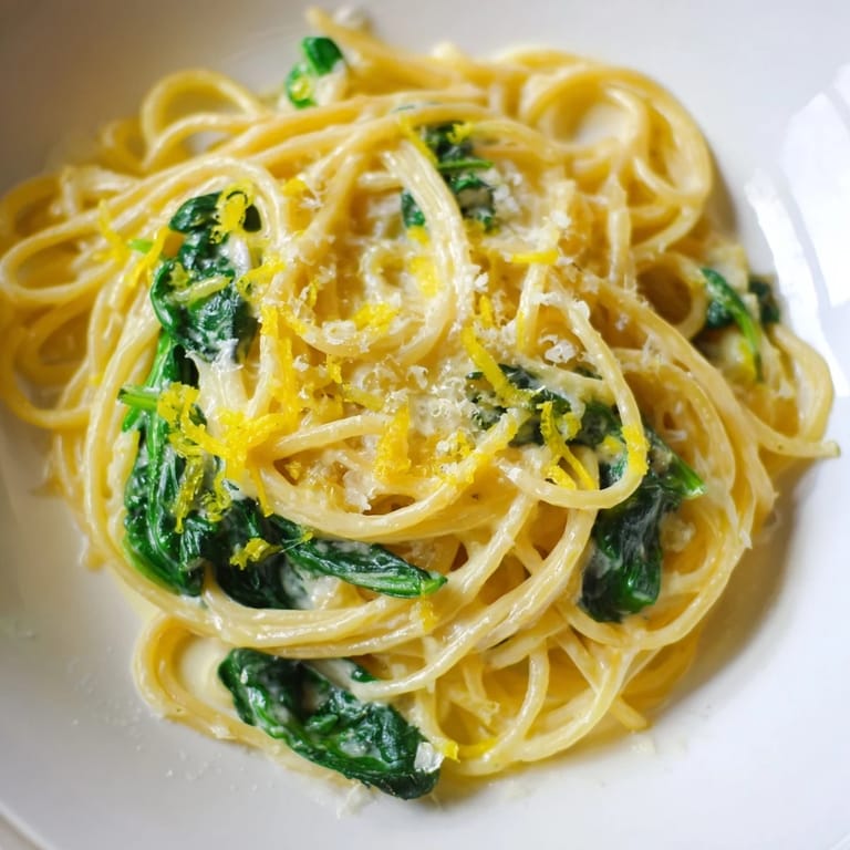 Serving suggestion for Creamy Lemon Spinach Spaghetti, a light vegetarian pasta dish plated with fresh lemon zest and cracked black pepper.